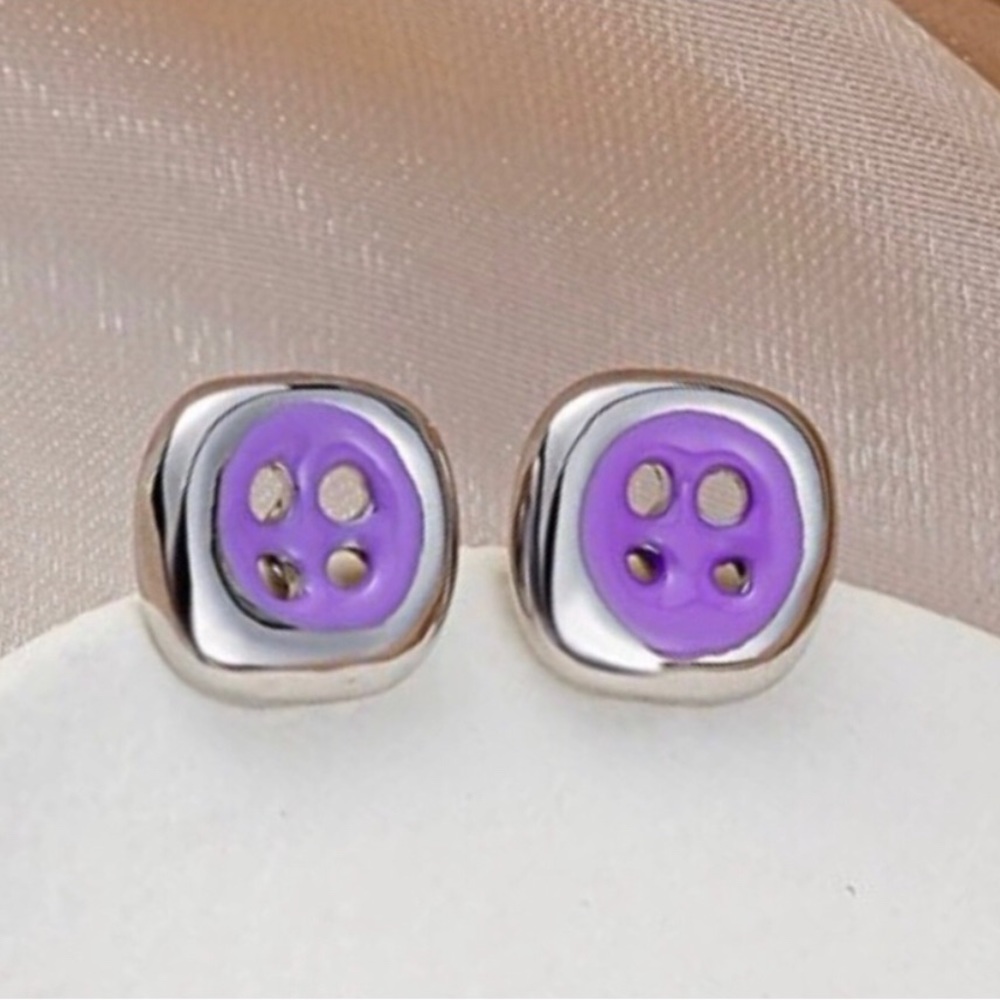 “Cute as a Button” Silver Dipped Purple Enamel Rounded Square Art Deco Earrings